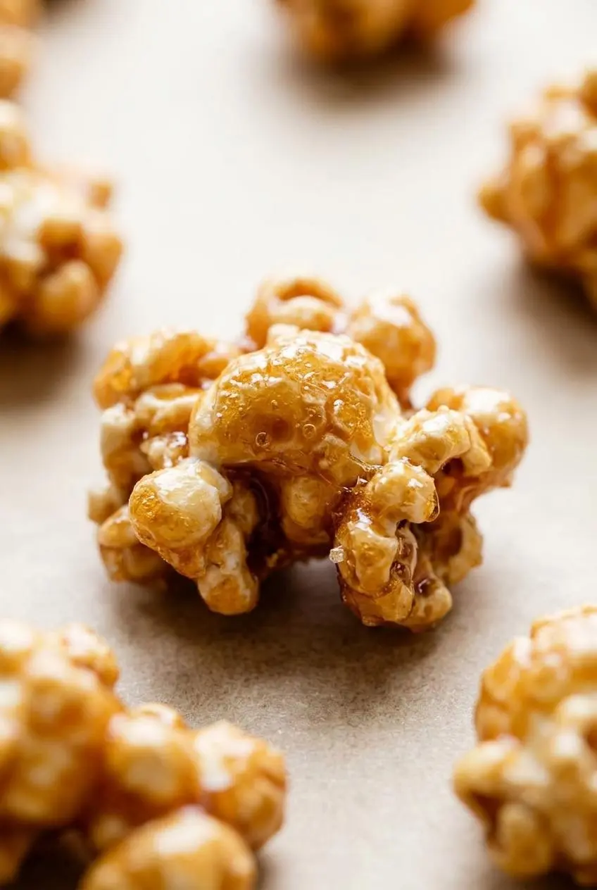 Close-up of golden caramel corn clusters cooling on parchment paper with a delicate aerated glaze.