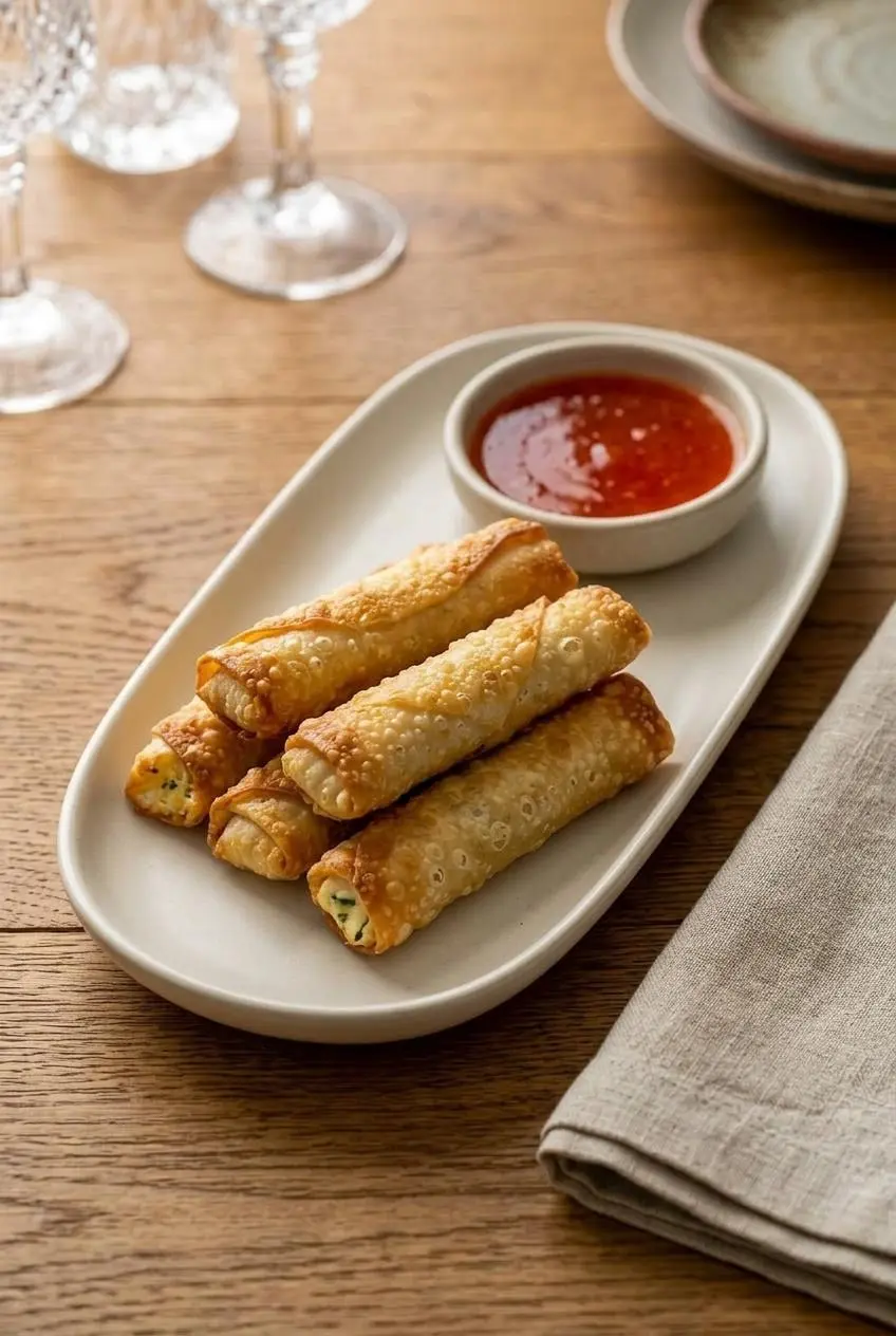 Platter of baked cream cheese rangoon rolls beside a bowl of sweet and sour dipping sauce.