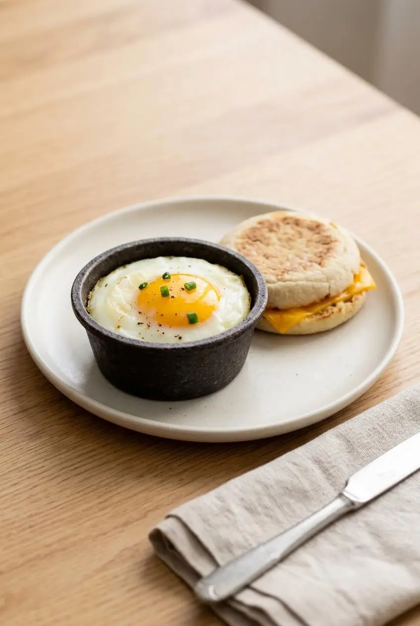 Baked egg served on a toasted English muffin with melted cheddar cheese on a ceramic plate.