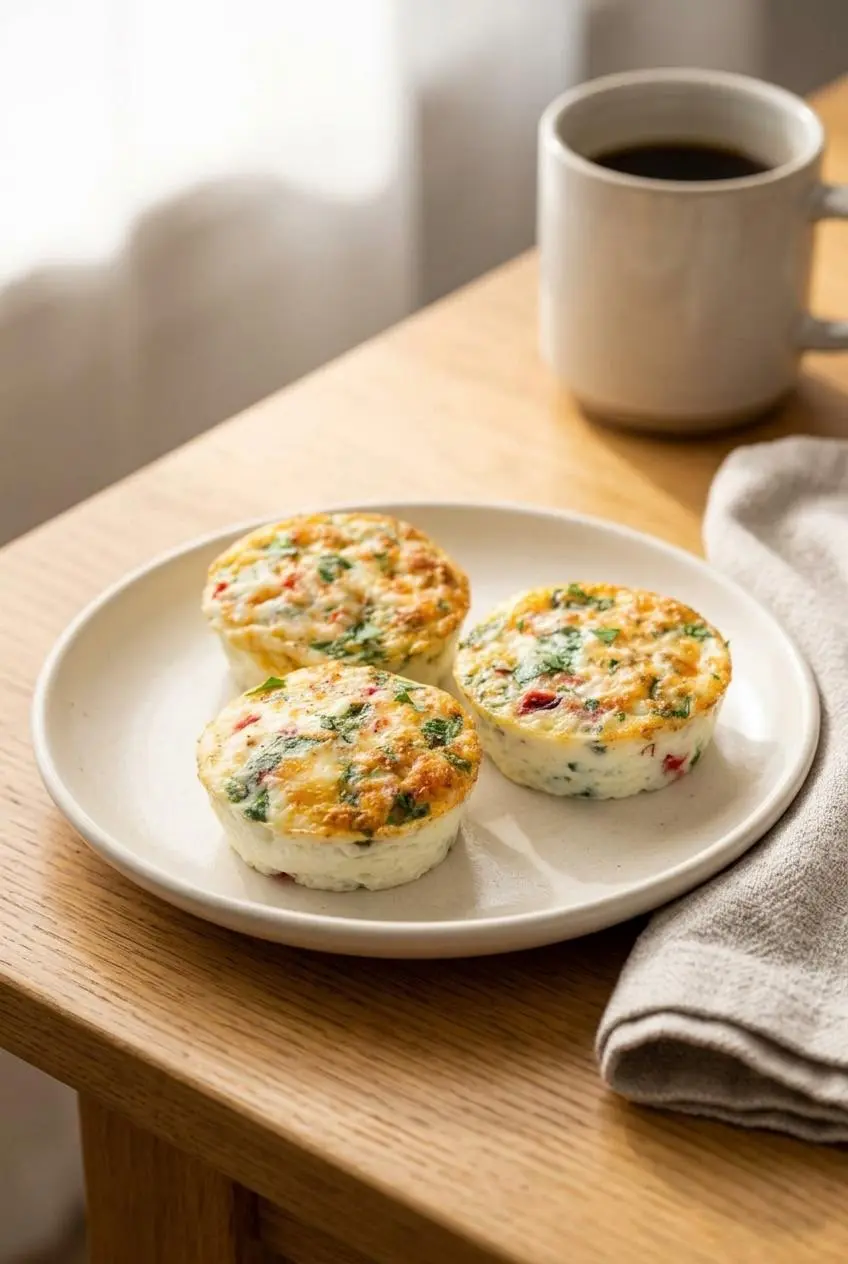 Three freshly baked egg white bites served on a ceramic breakfast plate with roasted peppers and spinach.