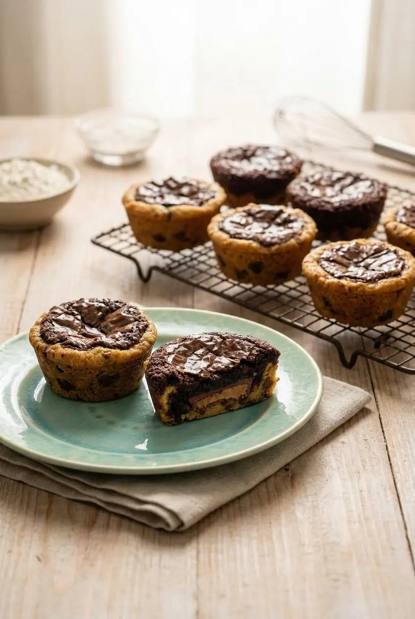 Freshly baked brookies cooling on a wire rack alongside a ceramic plate with two intact portions.