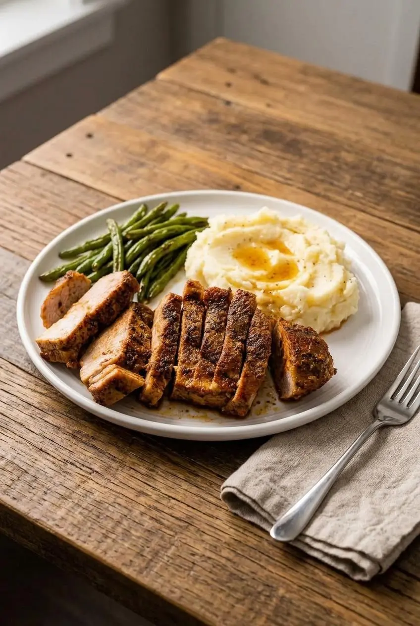 Baked pork chop served with garlic mashed potatoes and roasted green beans