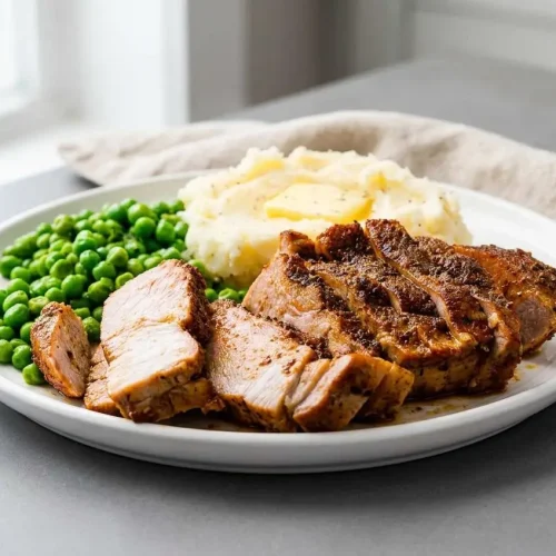 Baked pork chops with a golden paprika spice rub crust on a white platter