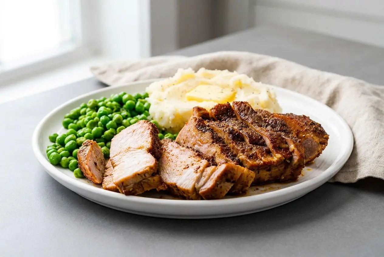 Baked pork chops with a golden paprika spice rub crust on a white platter