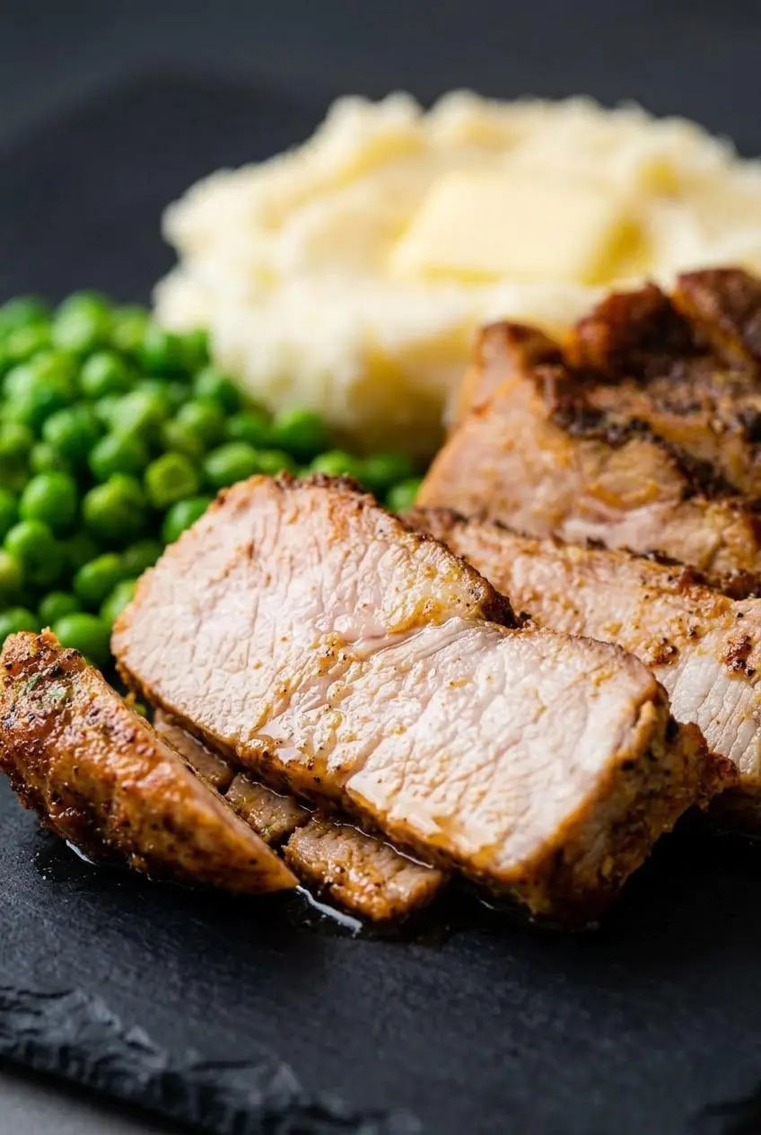 Sliced thick baked pork chop showing a juicy center with a faint blush of pink