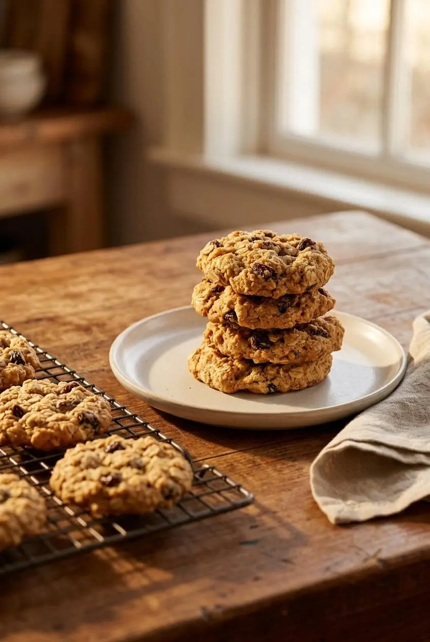 Golden oatmeal cookies arranged on a ceramic serving plate beside a wire cooling rack on a wooden table.