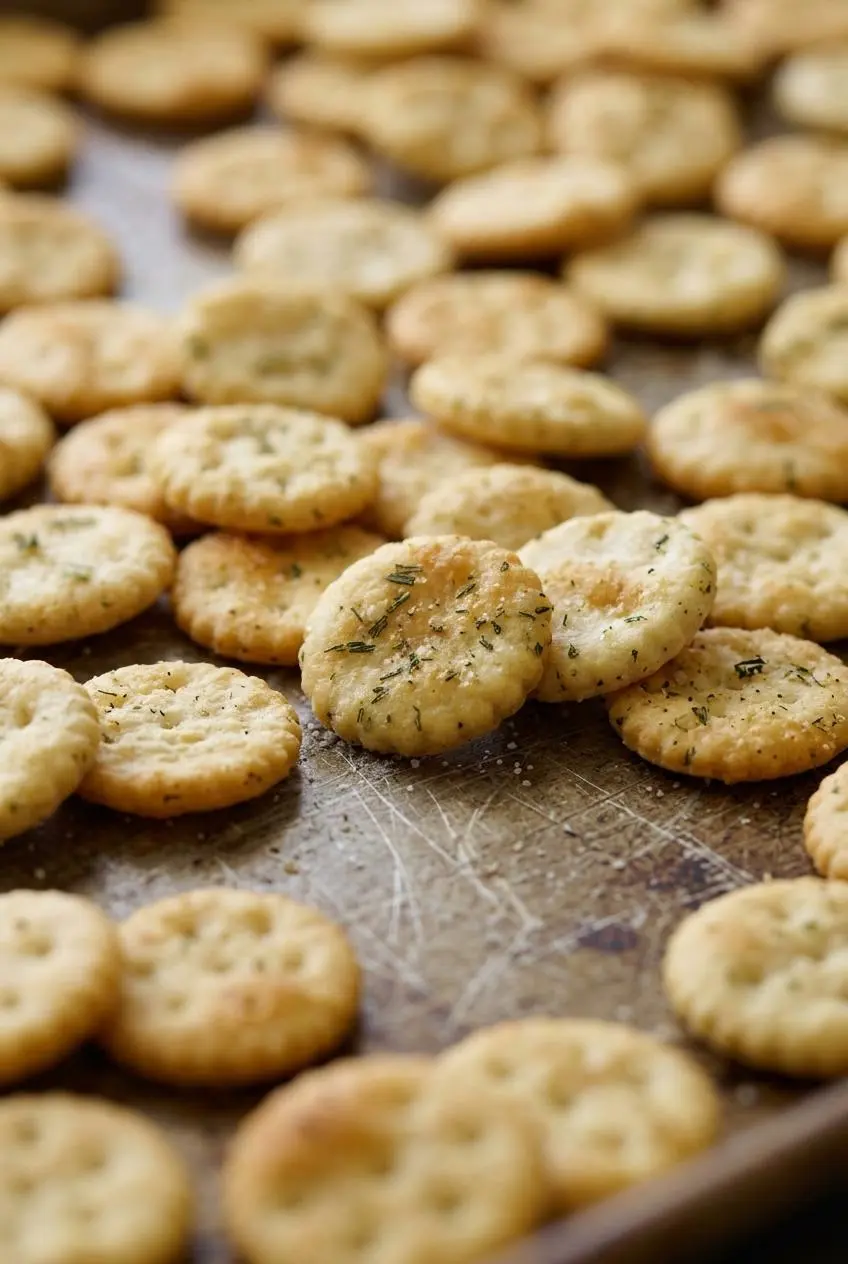 Close-up of baked ranch oyster crackers on a baking sheet showing matte seasoning and green dill flecks.
