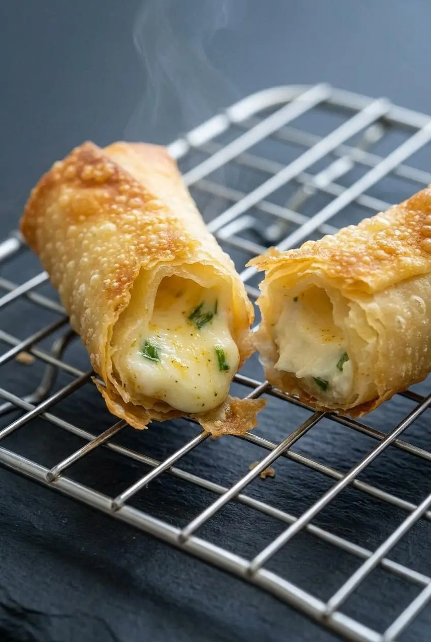Baked cream cheese rangoon roll broken in half revealing a creamy scallion center and shattered crust.