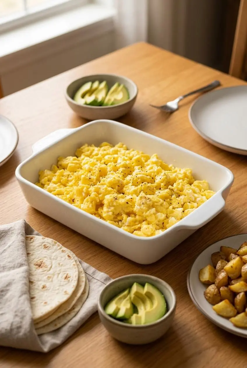 Baked scrambled eggs served with warm tortillas, sliced avocado, and roasted potatoes.