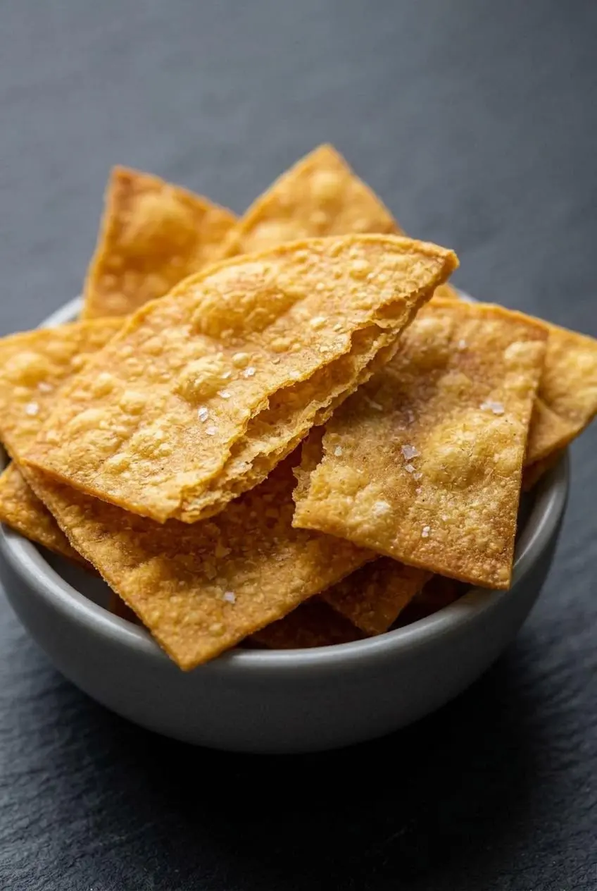 Macro view of a snapped baked tortilla chip showing a brittle interior crunch and toasted air bubbles.