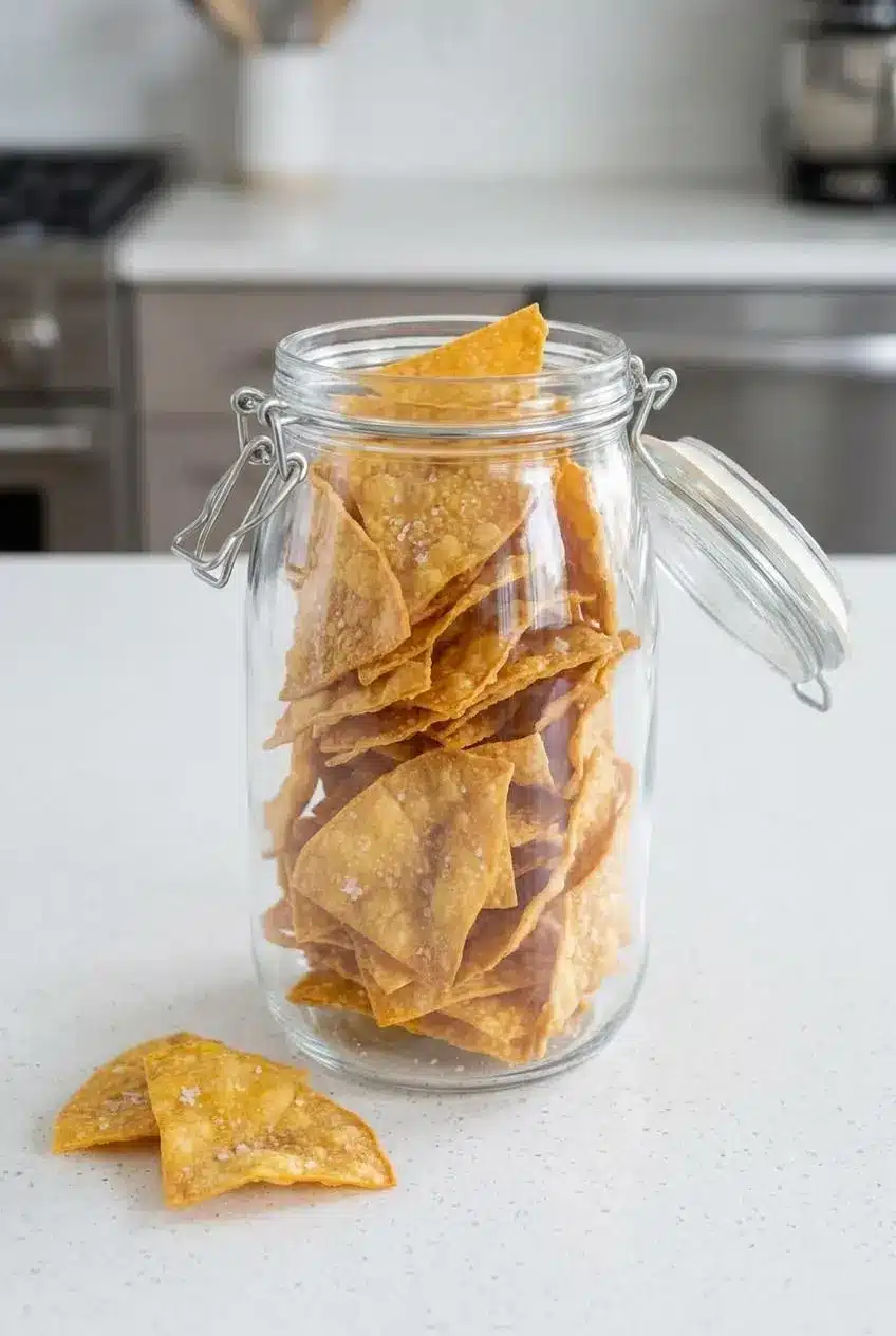 Cooled baked tortilla chips stored inside an airtight glass clamp jar on a quartz countertop.