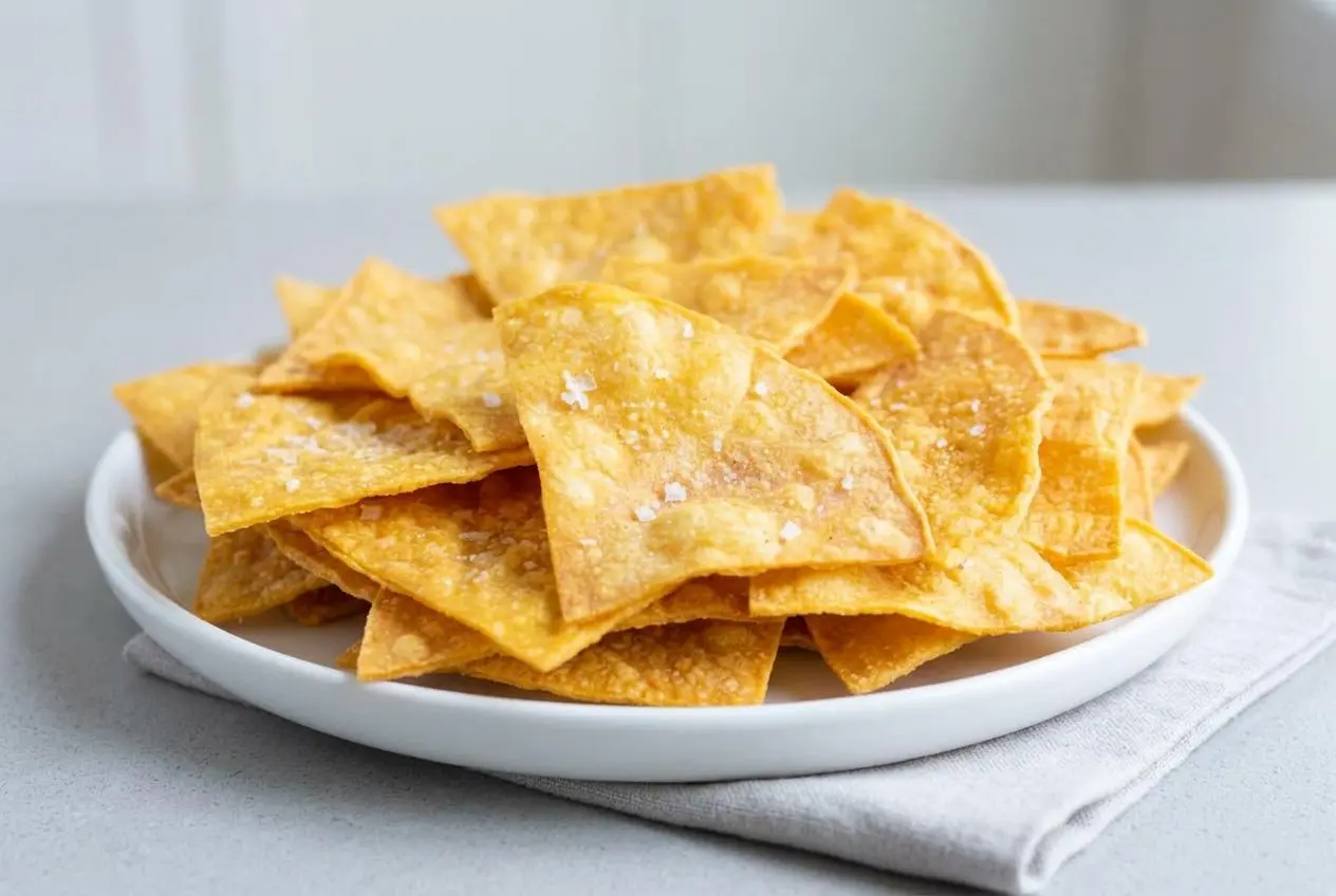 Crisp baked tortilla chips with golden toasted edges and a light sprinkle of sea salt flakes.