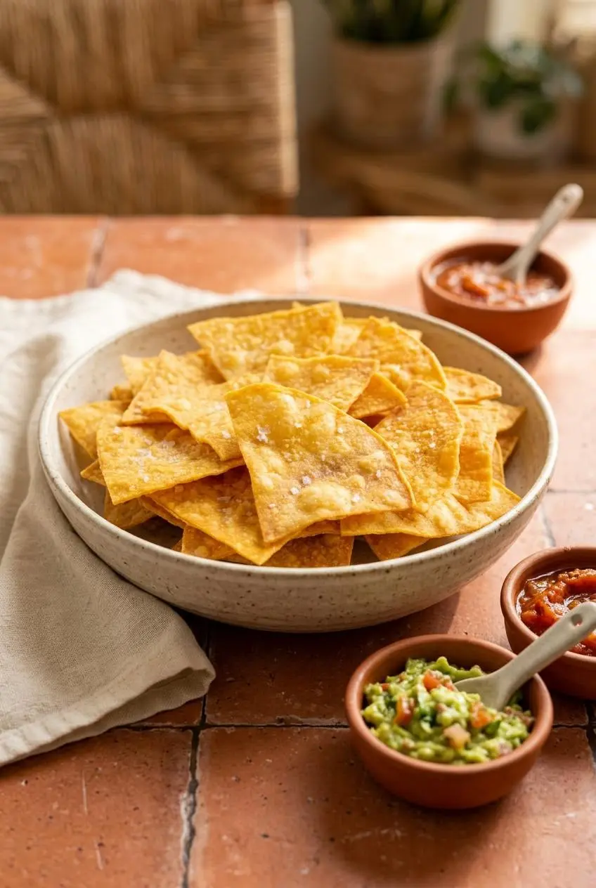 Bowl of baked tortilla chips served alongside chunky guacamole and roasted tomato salsa.