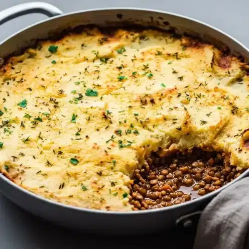 Vegan shepherd's pie recipe baked golden brown with crisp fork ridges over rich savory lentils.