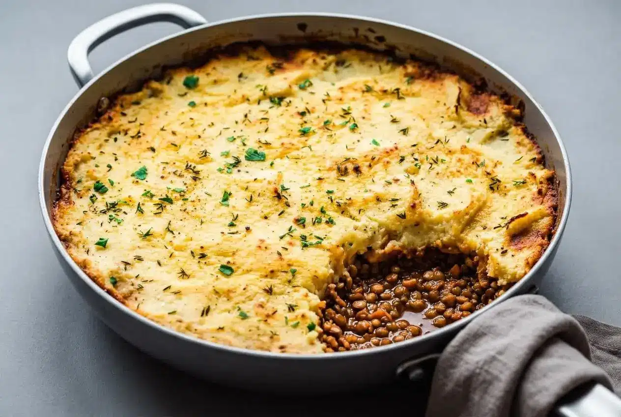 Vegan shepherd's pie recipe baked golden brown with crisp fork ridges over rich savory lentils.