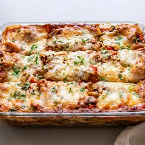 Golden, bubbly vegetable lasagna recipe baked to perfection in a ceramic dish with rich tomato sauce and melted cheese.