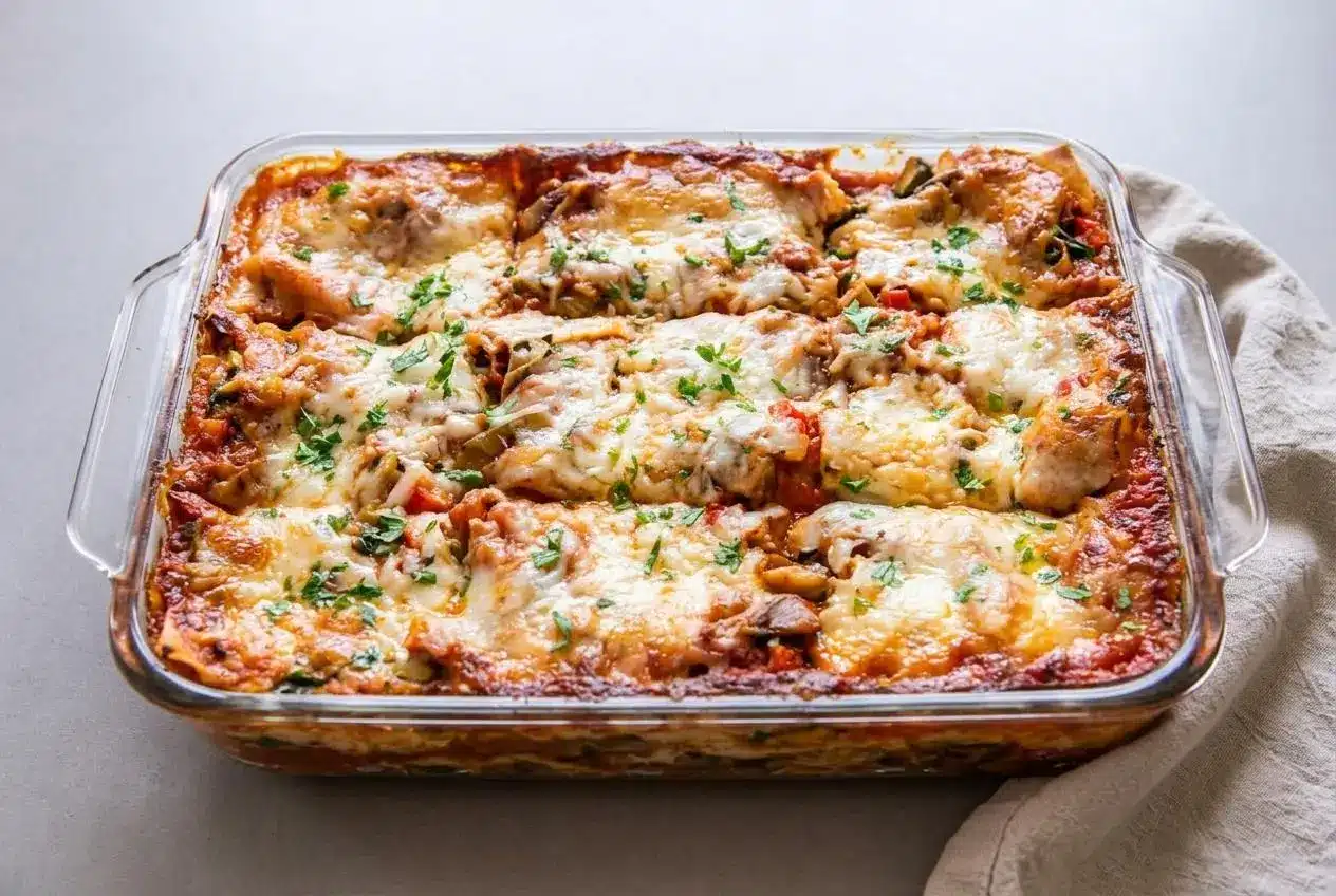 Golden, bubbly vegetable lasagna recipe baked to perfection in a ceramic dish with rich tomato sauce and melted cheese.