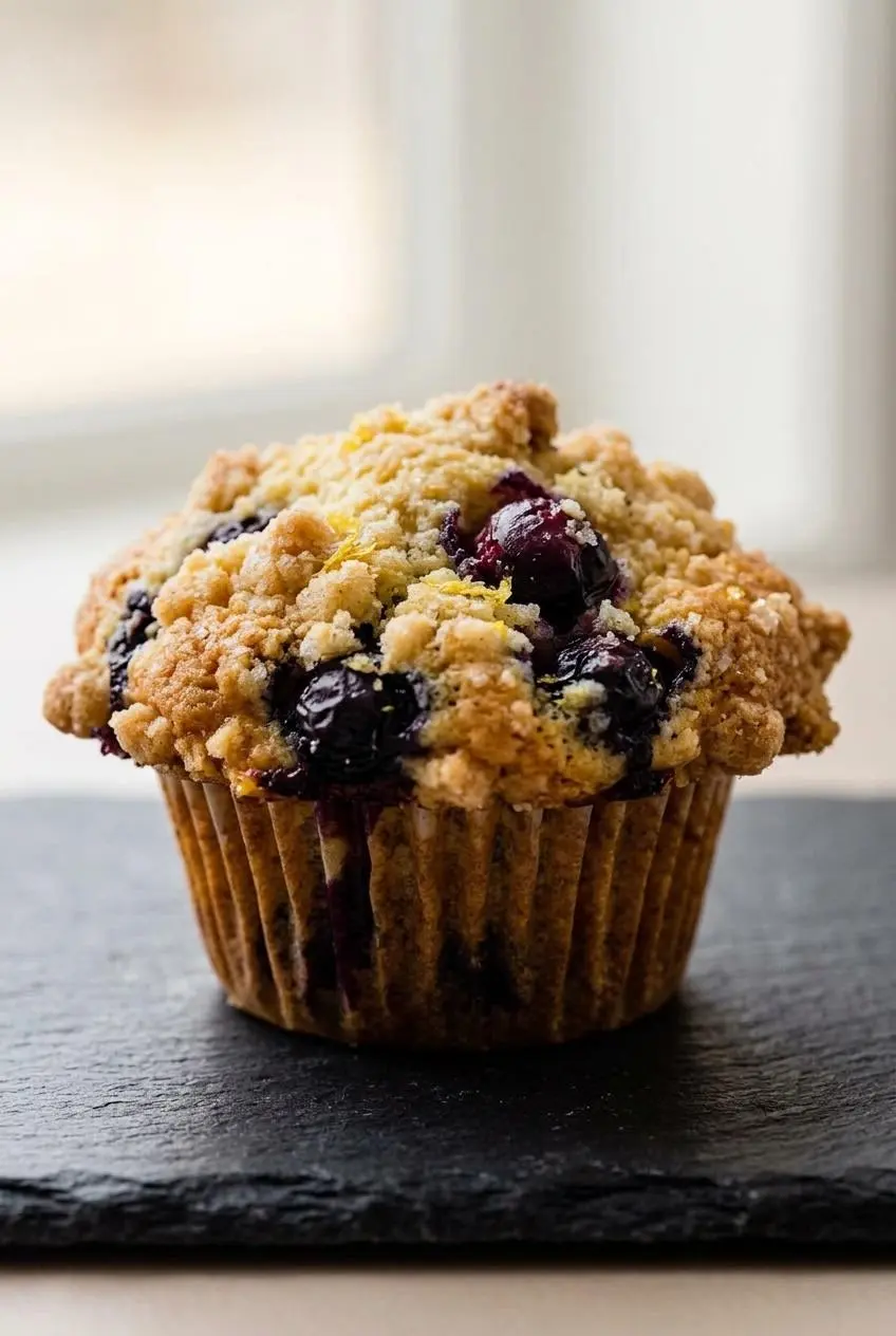 Close-up of a tall domed muffin crown with cracked golden crumb topping and bursting blueberries.