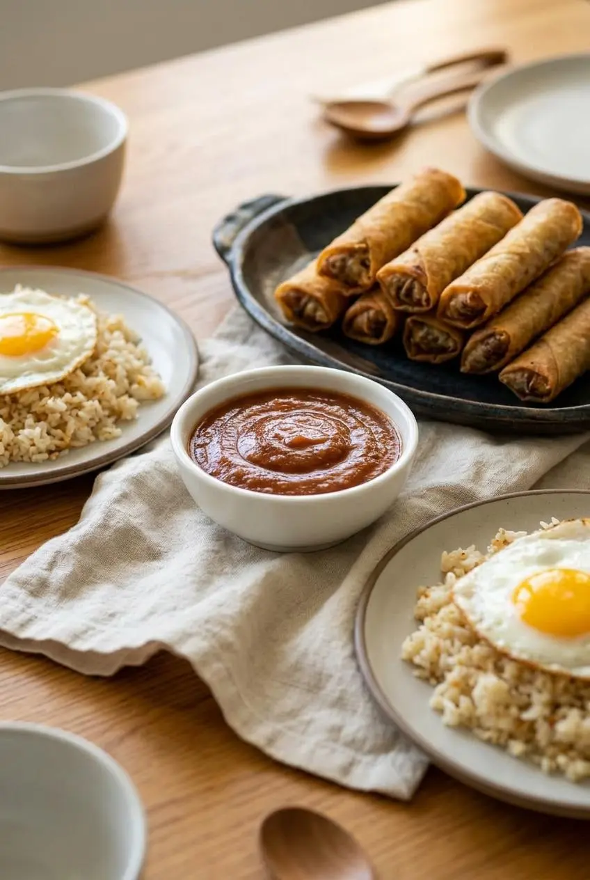 Ramekin of banana ketchup alongside crisp golden lumpia and garlic fried rice with a fried egg.
