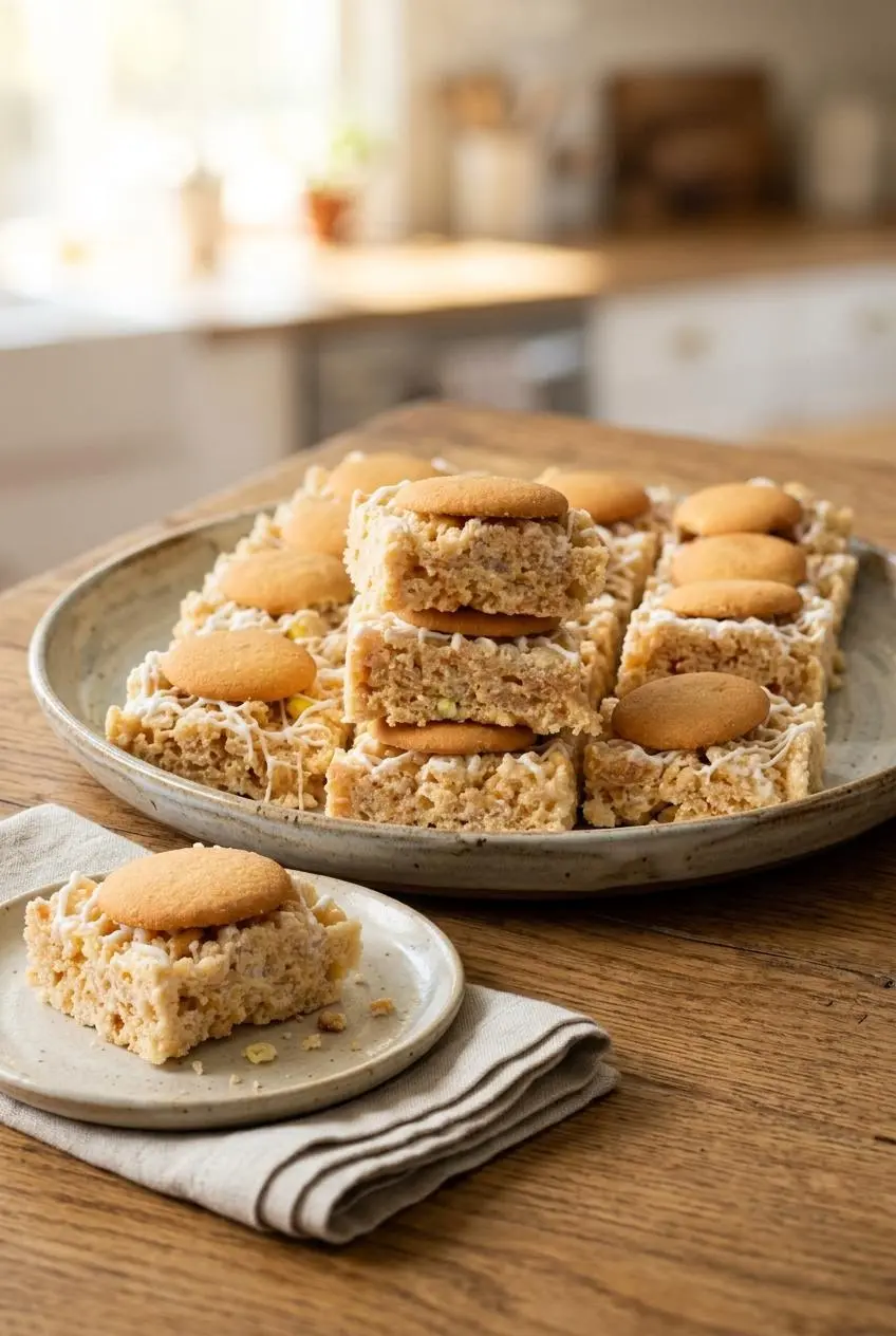 Sliced banana pudding cereal treats arranged on a ceramic serving platter on a wooden table.