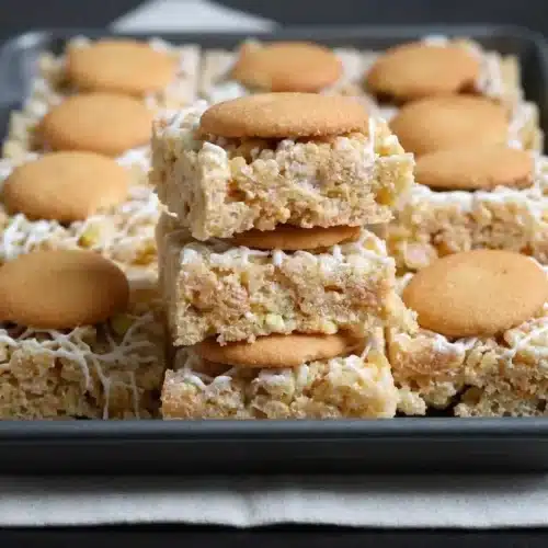 Banana pudding rice krispie treats topped with whole vanilla wafers and white chocolate drizzle.