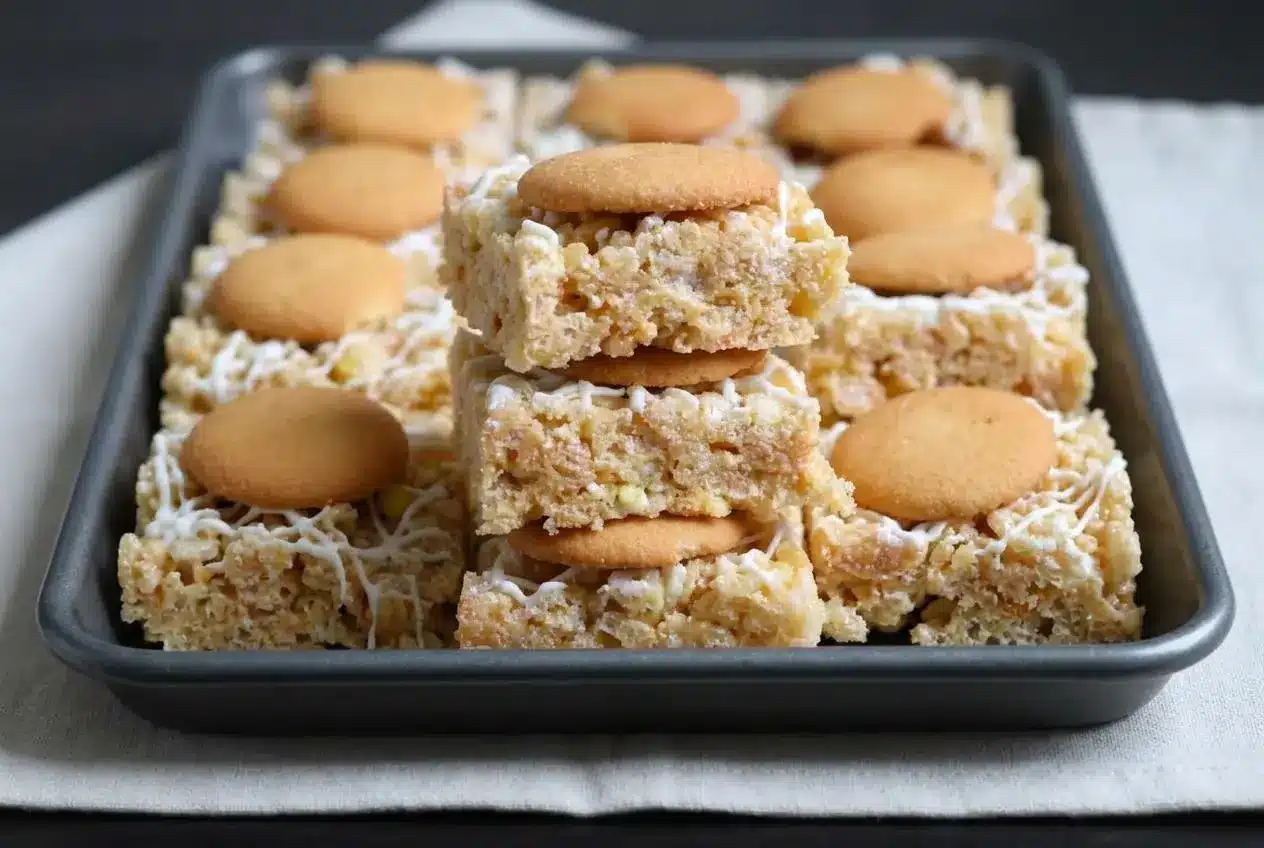 Banana pudding rice krispie treats topped with whole vanilla wafers and white chocolate drizzle.