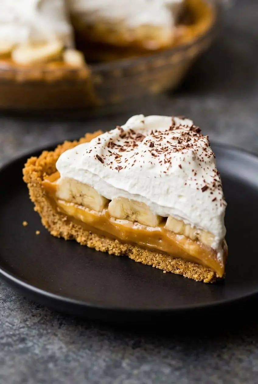 Macro cross section of a banoffee pie slice showing distinct layers of crust, caramel, banana, and whipped cream.