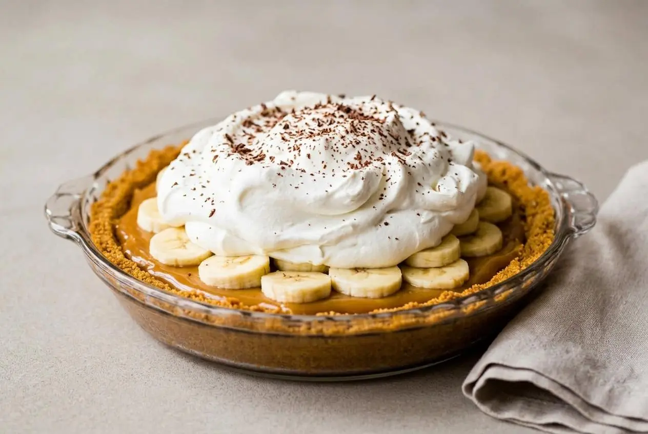 Banoffee pie topped with billowy vanilla whipped cream and dark chocolate curls in a pie dish.