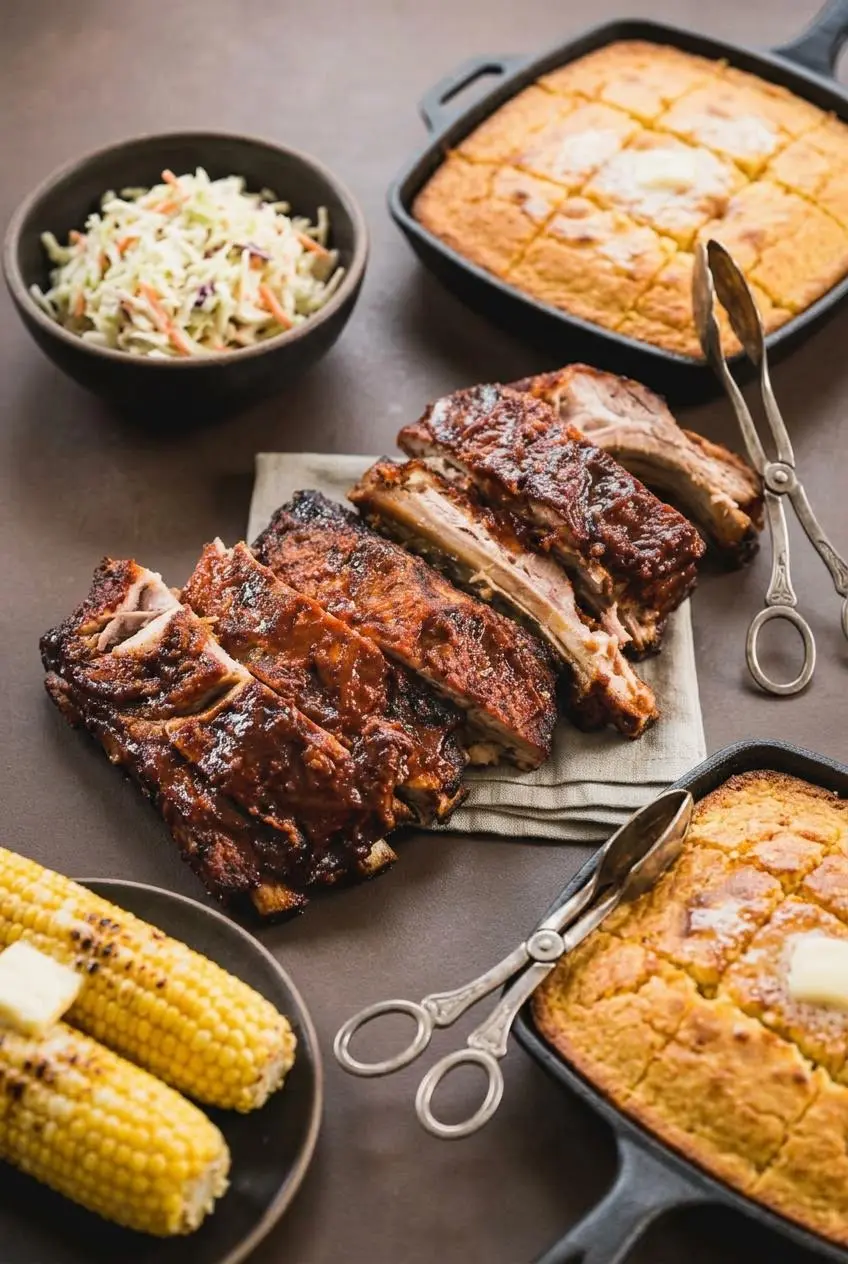 Platter of sliced barbecue ribs served with skillet cornbread, coleslaw, and corn on the cob.