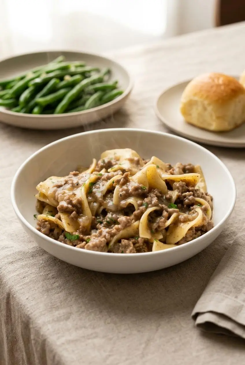 Dinner table setting with beef and noodles, crisp steamed green beans, and a warm dinner roll.