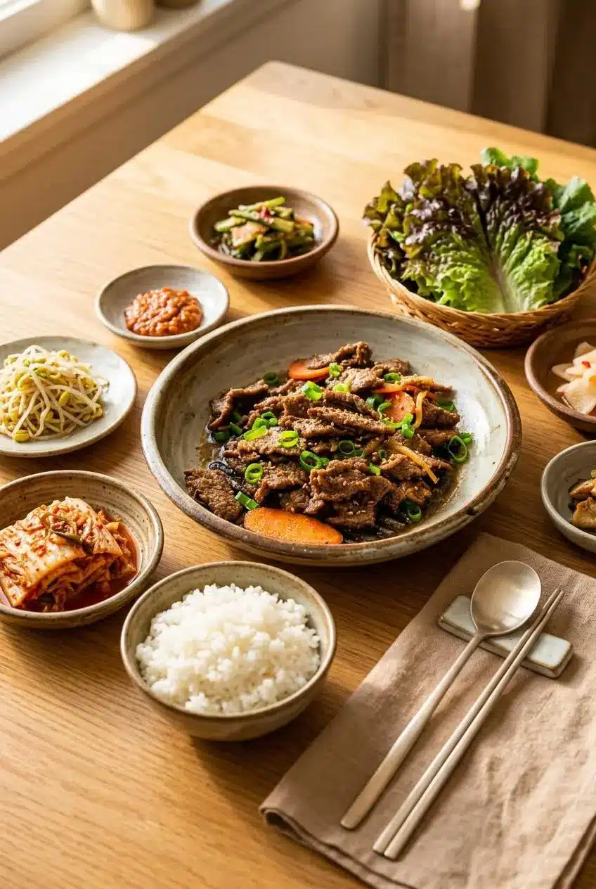 Korean beef bulgogi served with steamed white rice, kimchi, fresh red leaf lettuce wraps, and ssamjang sauce.