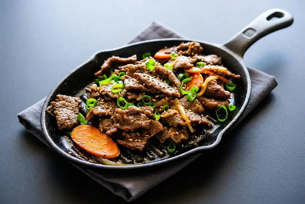 Tender beef bulgogi recipe with a glossy sweet-savory glaze, caramelized edges, and toasted sesame seeds.
