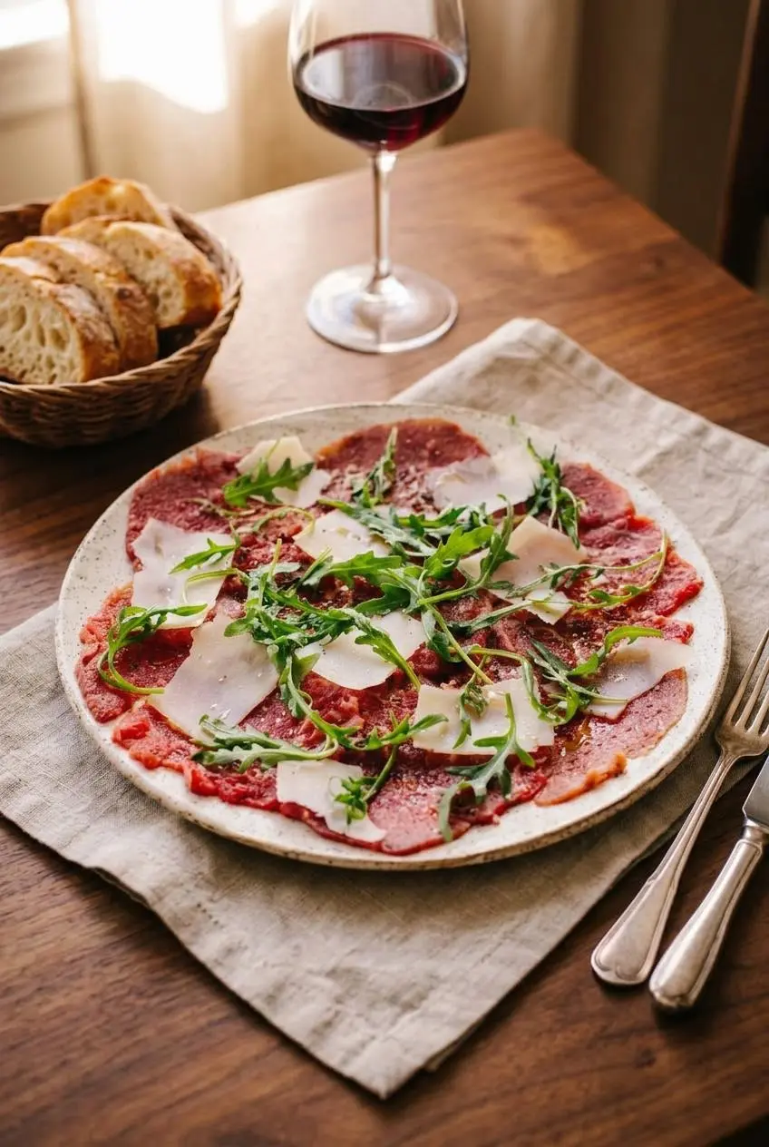 Chilled platter of beef carpaccio topped with arugula, accompanied by crusty ciabatta bread on a wooden dining table.