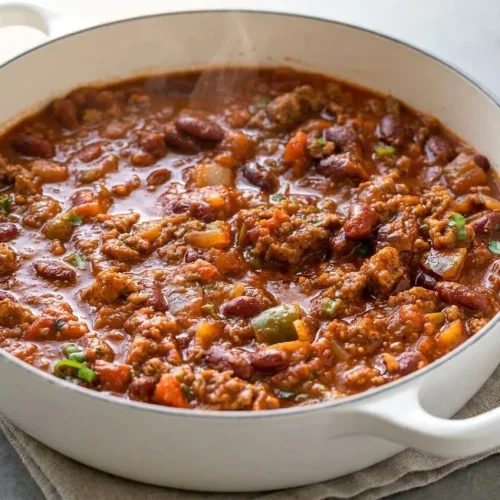 Beef chili recipe in a bowl with rich, thick texture, tender kidney beans, and ground beef.