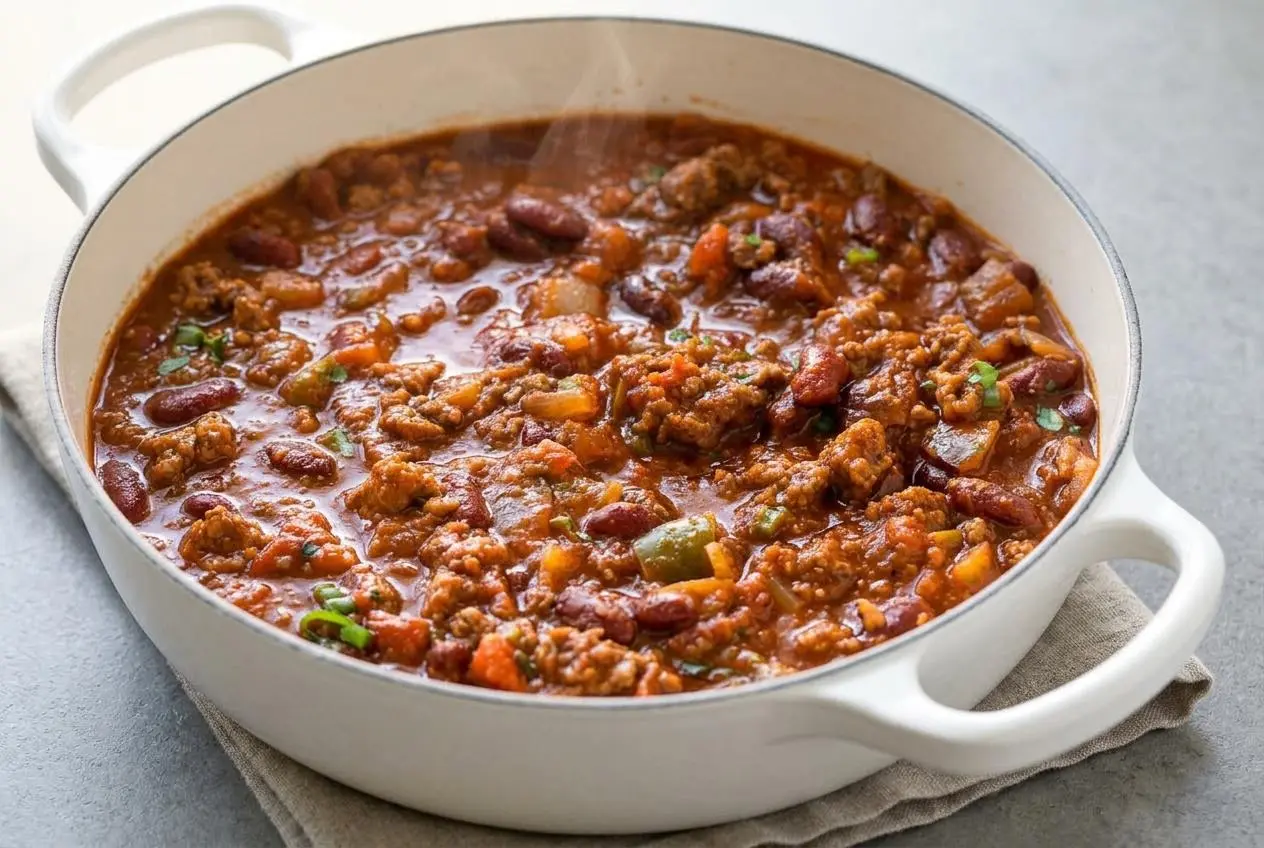 Beef chili recipe in a bowl with rich, thick texture, tender kidney beans, and ground beef.