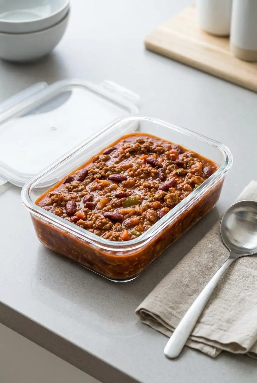 Cooled beef chili stored in a clear glass meal prep container on a quartz kitchen counter.