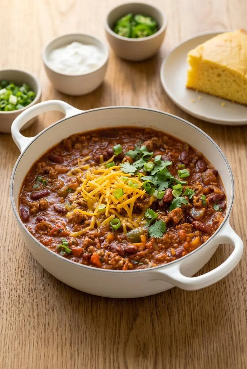 Bowl of beef chili topped with melted cheddar, green onions, and cilantro beside cornbread and sour cream.