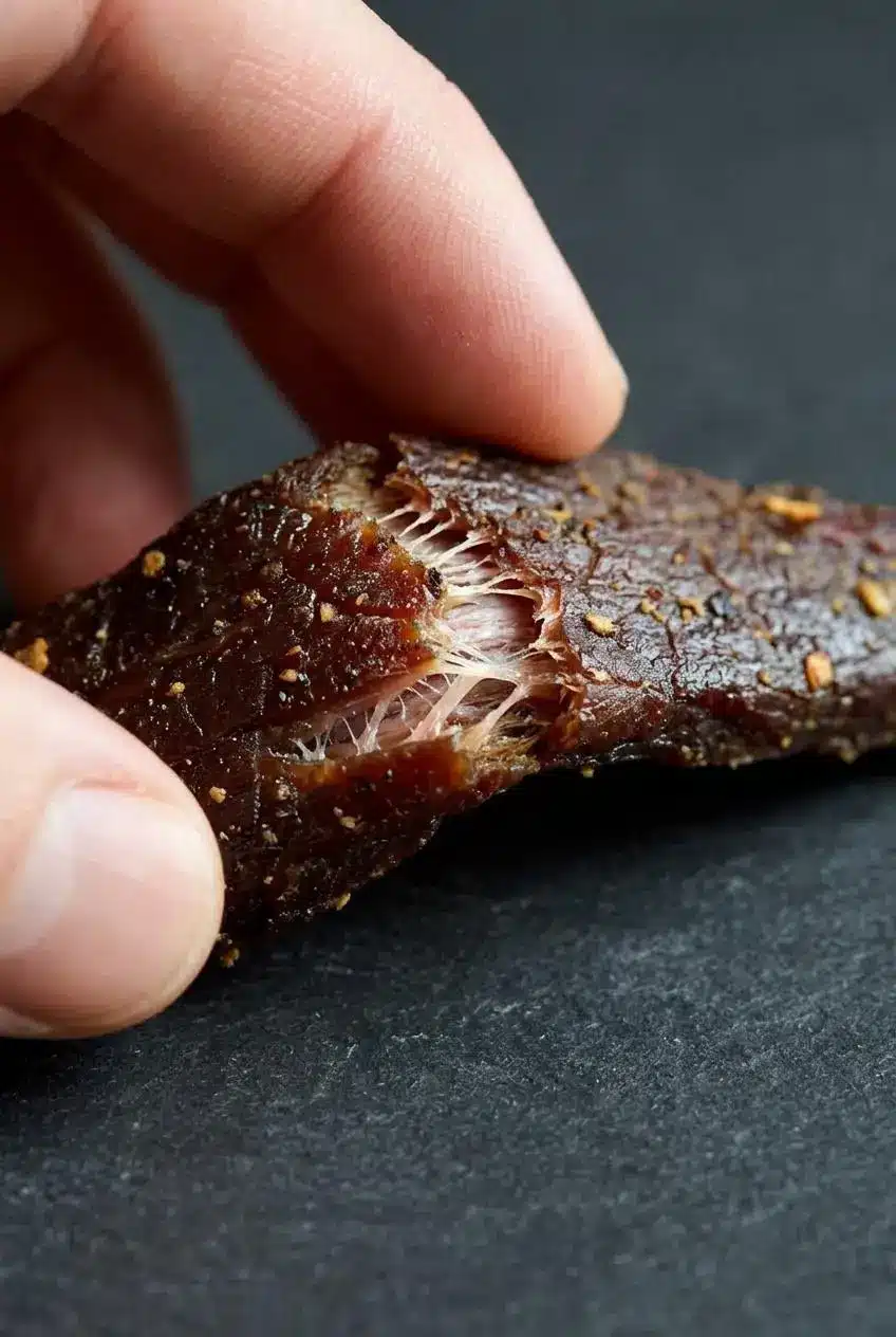 Bending a strip of dried beef jerky to reveal pale white muscle fibers cracking along the crease without snapping.