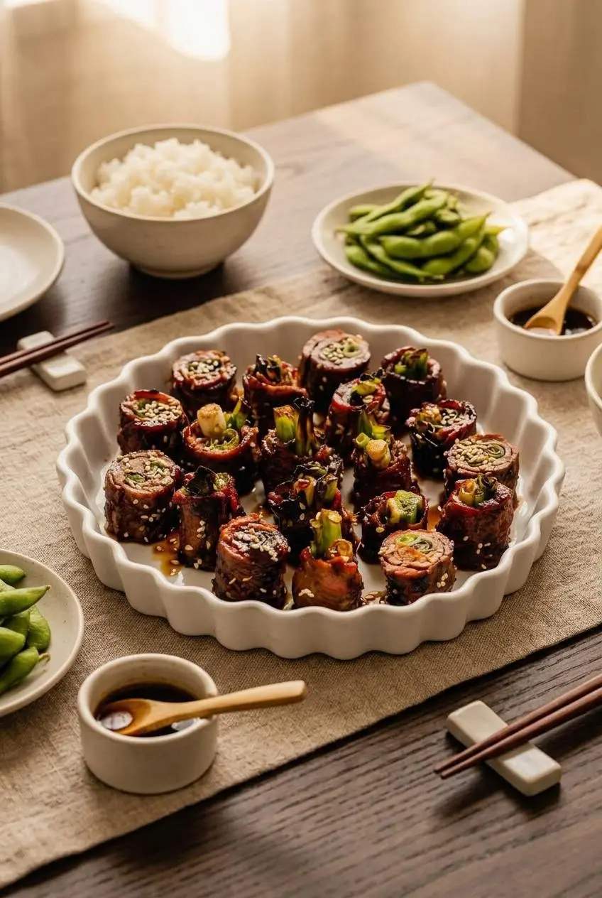 Sliced beef negimaki arranged on a serving platter beside steamed white rice, edamame, and extra dipping sauce.