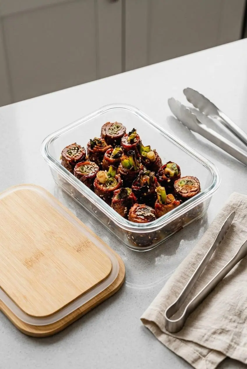 Cooked beef negimaki slices packed inside a clear glass meal prep storage container with an airtight lid nearby.