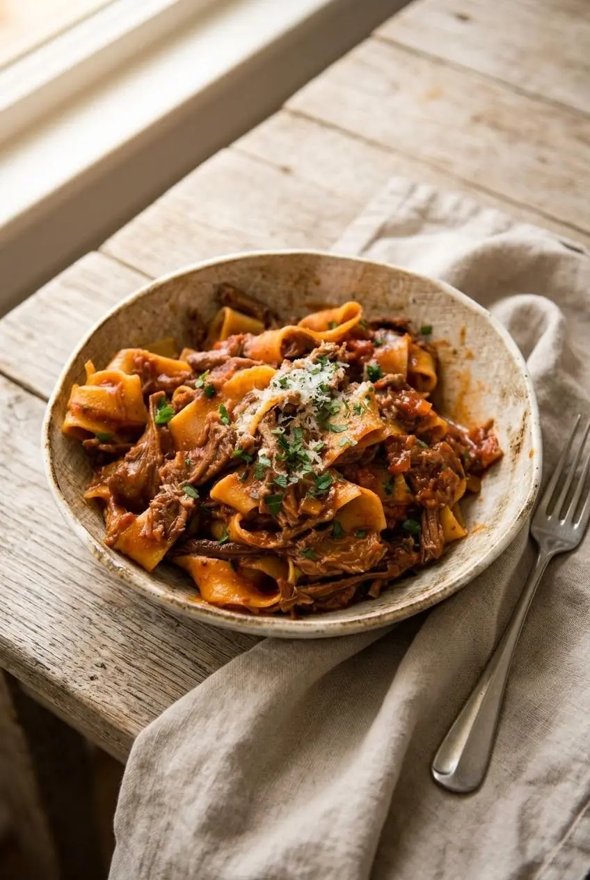 Broad pappardelle noodles tossed in glossy beef ragu, topped with Parmigiano-Reggiano and parsley in a bowl.