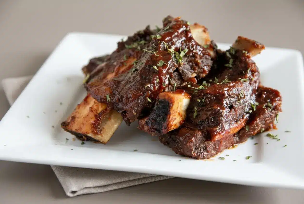 Glazed beef ribs recipe featuring tender meat and a glossy, caramelized barbecue sauce crust on a serving board.