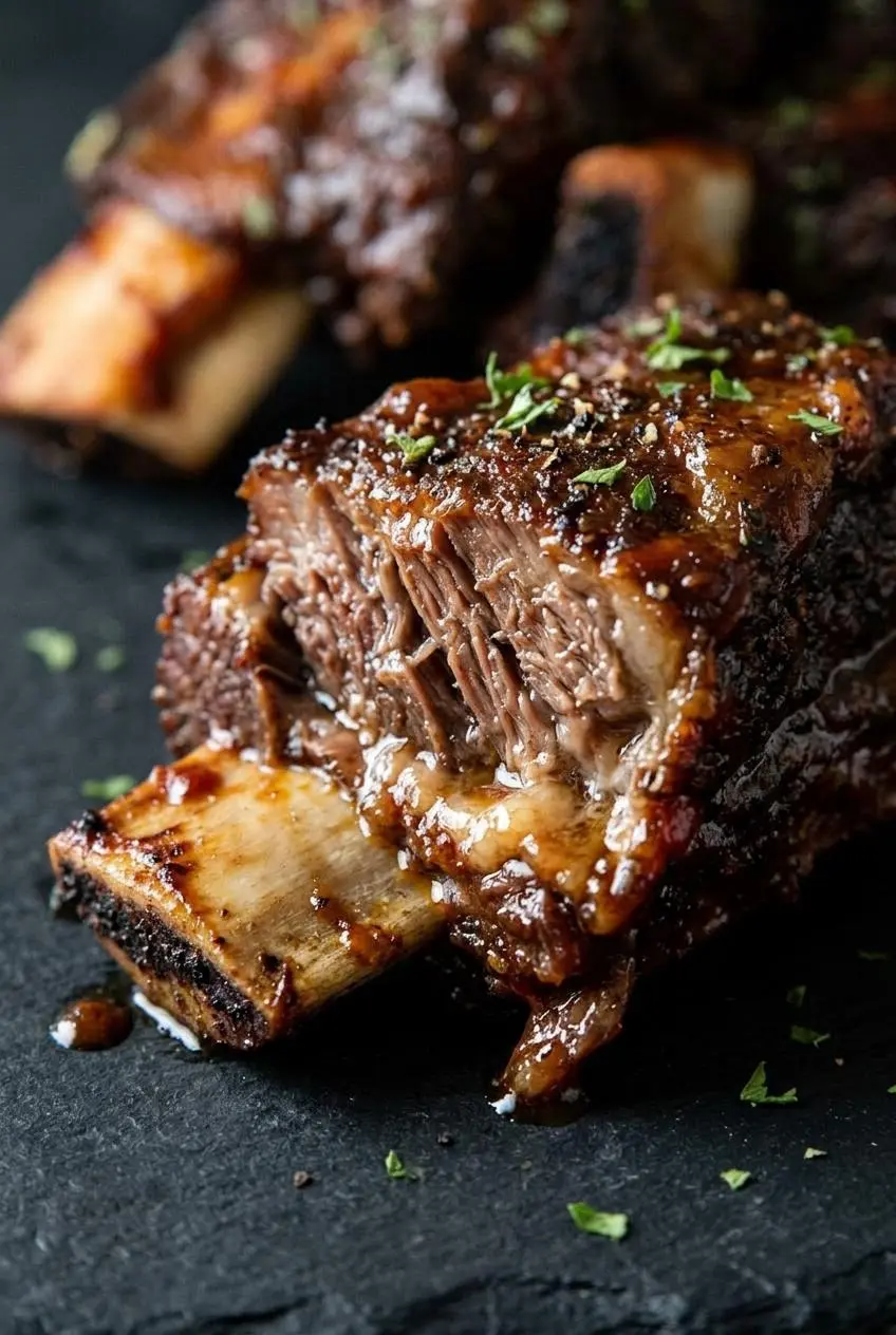 Close-up of tender beef short rib meat pulling away from the bone with rich juices and caramelized bark.