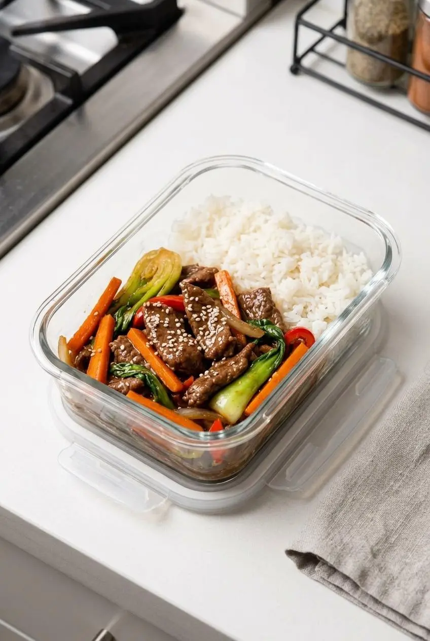 Meal prep glass container packed with cooked beef stir fry and steamed white rice.