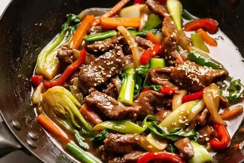 Savory beef stir fry recipe with tender steak, crisp vegetables, and a glossy soy oyster sauce glaze.