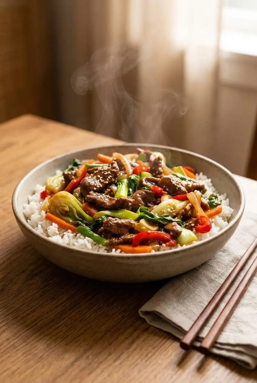 Beef stir fry served over fluffy steamed jasmine rice in a bowl, garnished with sesame seeds.