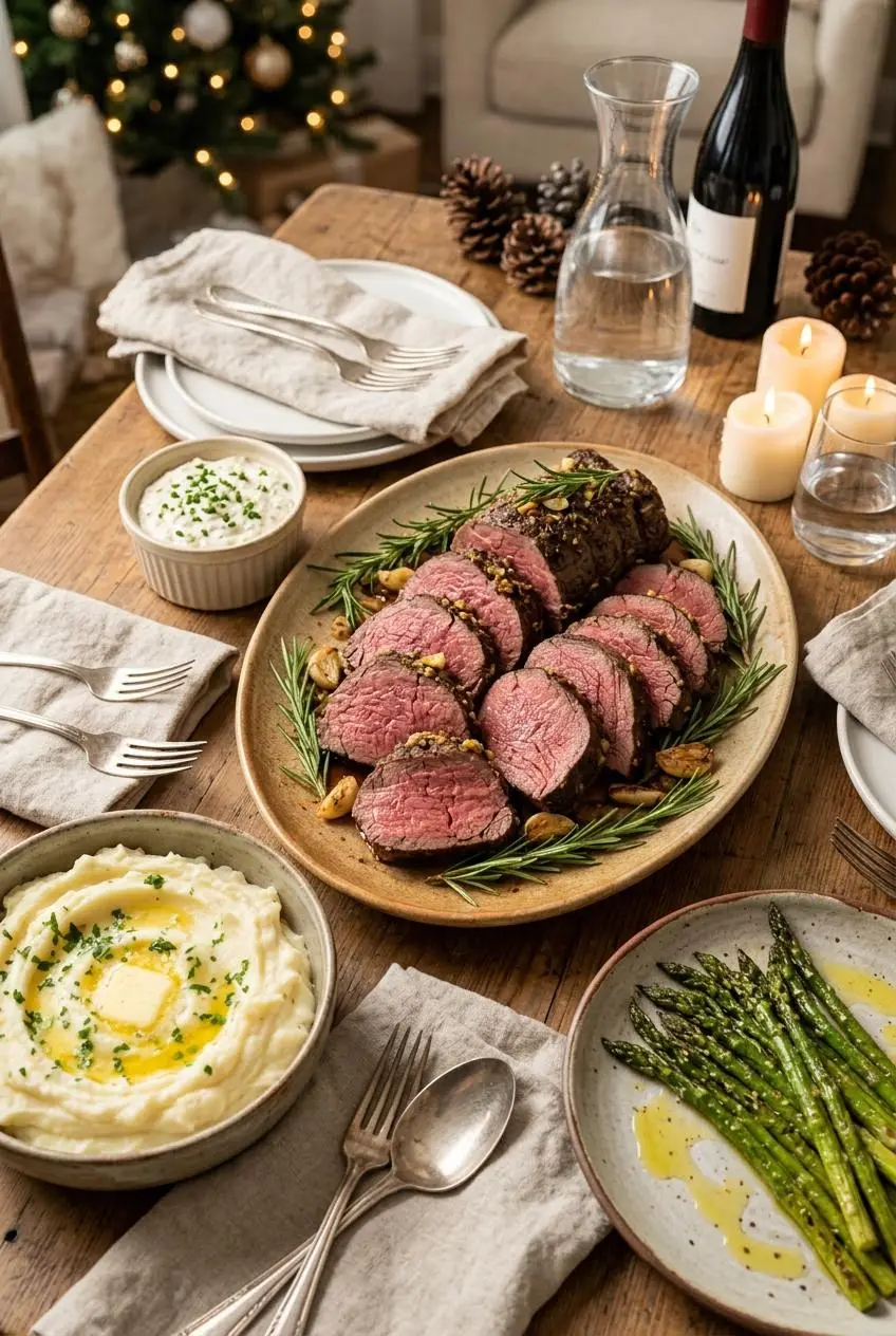 Sliced roast beef tenderloin platter served with creamy horseradish sauce, mashed potatoes, and roasted asparagus.