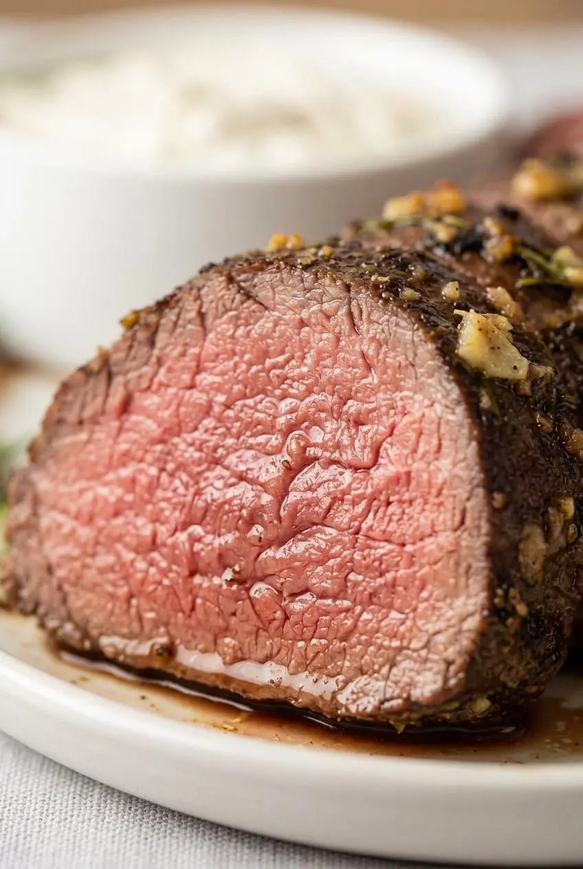Carved slice of beef tenderloin cooked to medium-rare doneness with a juicy pink center and seared crust.