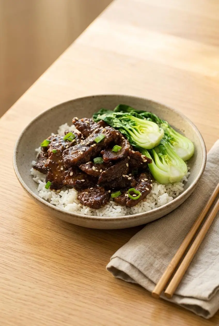 Bowl of glossy beef teriyaki over fluffy jasmine rice with steamed baby bok choy and sesame seeds.