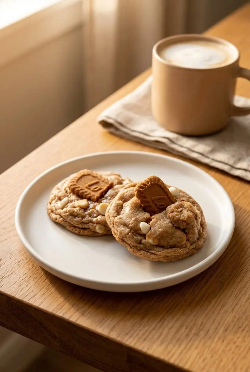 Two thick Biscoff cookies on a plate beside a hot foamy latte on a wooden breakfast table.